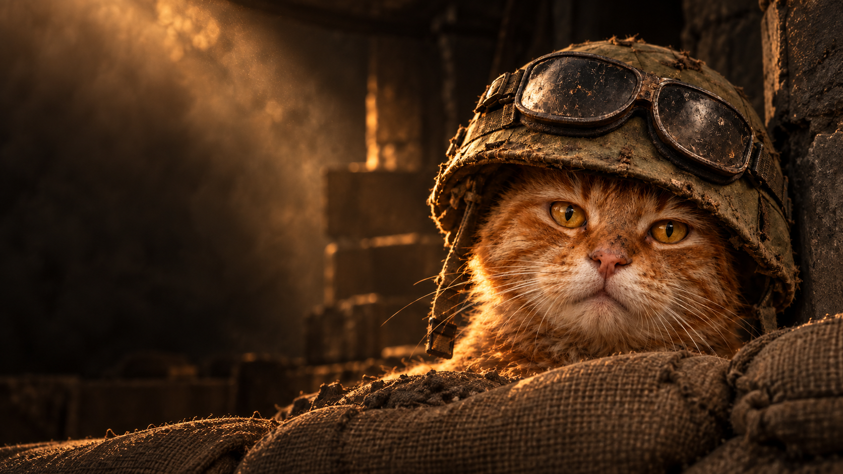 Orange cat wearing a battered helmet, ears safely tucked underneath